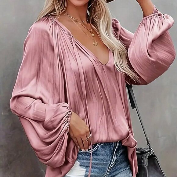 Dusty Pink Casual Women's Elegant Tie Collar Lantern Sleeve Ruched Blouse - Picture 4 of 5